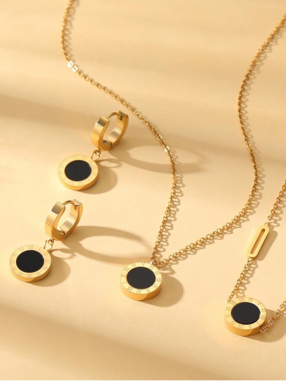 Gold Tone Black Pendant Jewelry Set Necklace Earrings Bracelet Minimalist